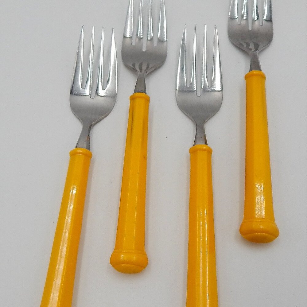 Oxford Hall Dessert Salad Forks Yellow Handle Flatware Stainless Japan Set of 4